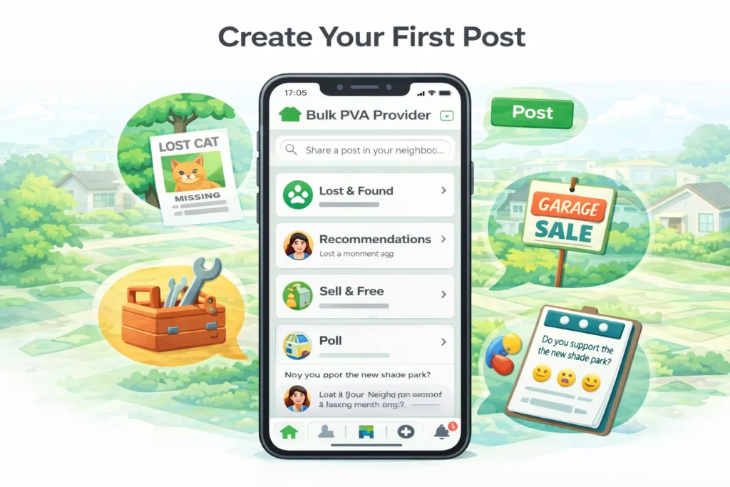 Nextdoor post creation screen showing options like lost and found, recommendations, sell and free, and polls.