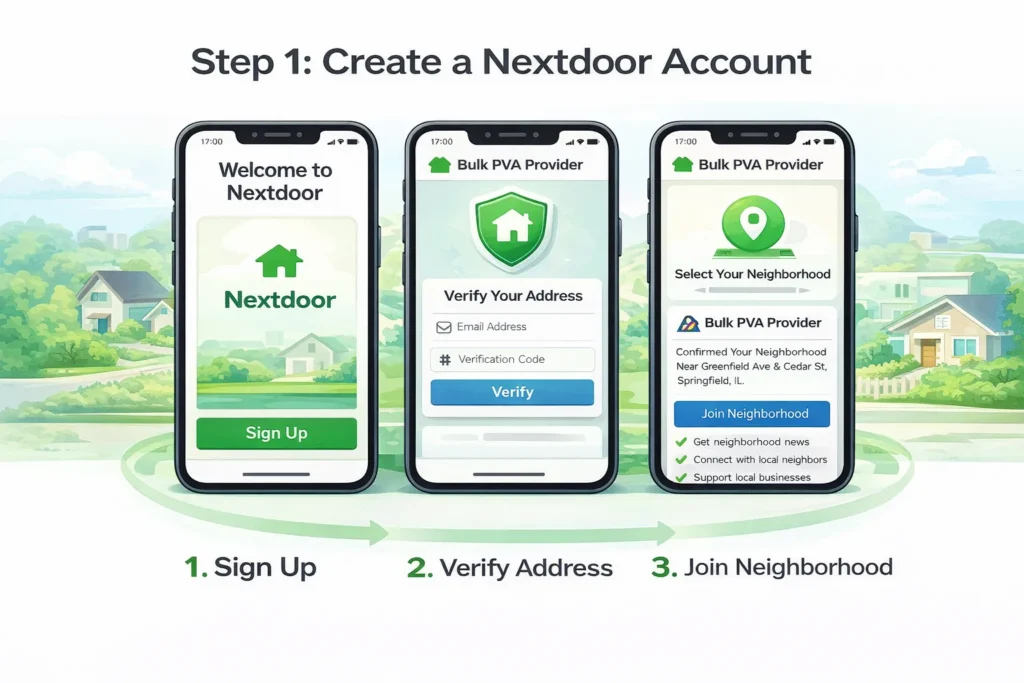 Step-by-step screens showing how to create a Nextdoor account by signing up, verifying address, and joining a neighborhood.