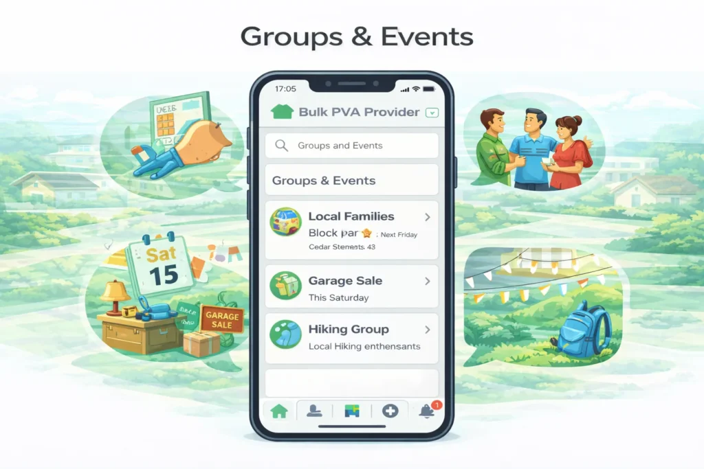 Nextdoor groups and events screen showing block parties, garage sales, and local community groups.