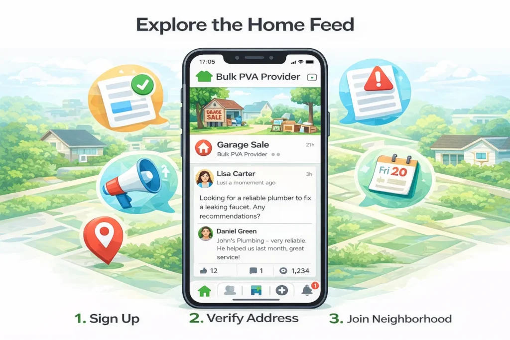 Nextdoor home feed example showing garage sale posts, local recommendations, and neighborhood alerts.