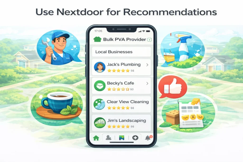 Nextdoor app showing local business recommendations with star ratings for plumbers, cafes, and cleaning services.