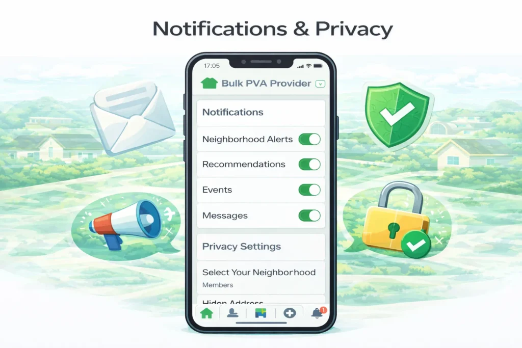 Nextdoor notification and privacy settings screen with toggles for alerts, messages, and events.