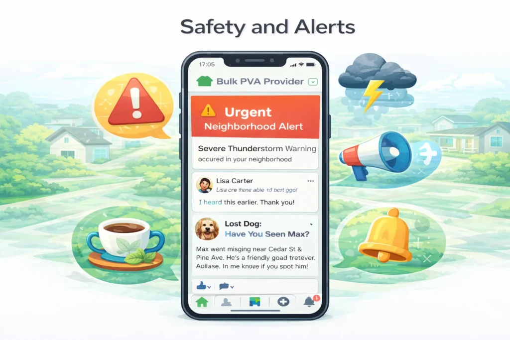 Nextdoor safety alerts screen showing weather warnings and lost pet notifications.