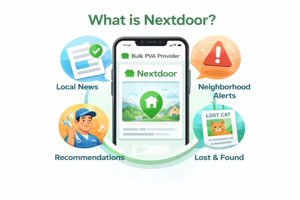 Infographic showing what Nextdoor is, including local news, neighborhood alerts, recommendations, and lost and found features.